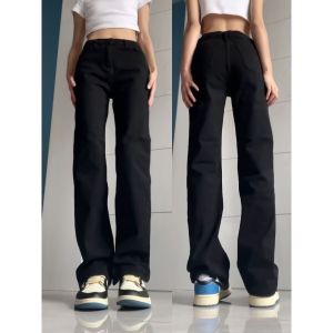 กางเกงยีนส์ทรงตรงเอวสูงสีดำ ทรงสลิมฟิต ทรงขากระบอกเล็ก ทรงยาวถึงพื้น ทรงลำลอง ฤดูใบไม้ร่วง 2024 ทรงลำลอง