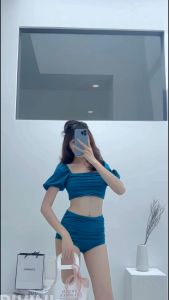 Bikini đi biển hai mảnh cộc tay nhún ngang phối quần cạp cao hack dáng màu sắc tôn da che khuyết điểm đi biển kín đáo