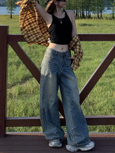 American Style Retro High Waist Draped Straight Leg Denim Jeans Womens Spring Autumn Loose Slim Wide Leg Floor Length Pants