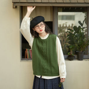 Áo Len Cardigan Không Tay Màu Xanh Lá Cây Cổ Tròn Dáng Rộng Phong Cách Nhật Bản Cổ Điển Áo Khoác Ngoài Thời Trang Thu Đông Cho Nữ