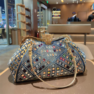 Fashionable Womens Leather Handbag 2025 New Large Capacity Luxury Diamond Embellished Single Shoulder Bag Casual Chic Style