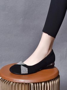 NextKiss Womens Soft Leather Low Heel Summer New Style Flat Bottom Bean Shoes Fashionable Casual Slip-On Anti-Slip Rubber Sole