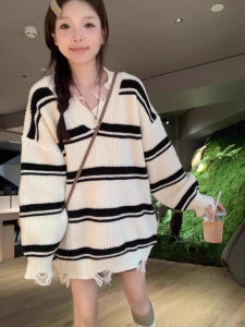 WANGGONGZHU | Womens Oversized Soft Cozy V-Neck Pullover Sweater Striped Hole Design Mid-Length Autumn Winter Fashion Casual Loose Style