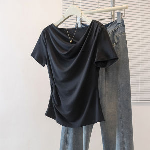 AIYITI | French Elegant Large Size Black T-shirt Short Sleeve Flare Neck Peplum Waist