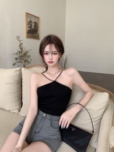 Sweet And Spicy Cross-Shoulder Design Womens Short Sleeveless Vest Neck Hanging Design Slim Fit Inner Wear Tank Top