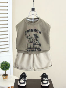 Boys Summer Outfit 2025 New Korean Cartoon Sleeveless Top Baby Summer Casual Vest Set Childrens Clothing Toddler Kids Wear