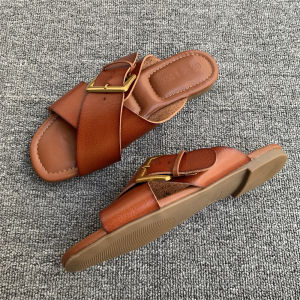 Export Soft Leather Casual Buckle Slippers Summer New Arrival Retro Flat Bottom Artsy Cork Beach Outdoor Slippers