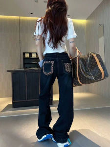 High Waist Pocket Denim Jeans Women Tall Size Loose Straight Leg Long Pants Leopard Print Vintage Style Casual Autumn Wear