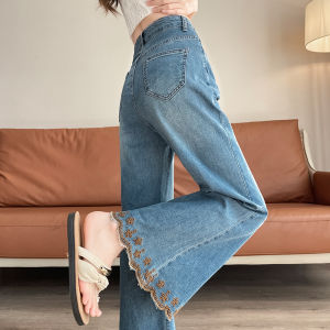 Chinese Style Embroidery High Waisted Flare Jeans