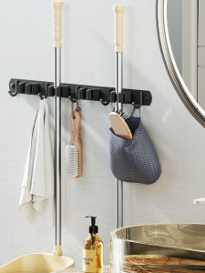 Strong Load Bearing Mop And Broom Holder Wall Mounted Clip No Drilling Bathroom Sticky Hook Stainless Steel Storage Organizer