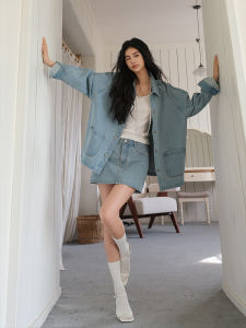 Classic Vintage UPORTA Womens Denim Short Skirt Set Loose Fit Fashionable Outerwear Long Sleeve Button up Spring Collection