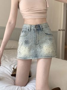 Váy Ngắn Denim Họa Tiết Hoa Hồng Cạp Cao Cho Nữ Mùa Hè Váy Ngắn Bó Sát Chống Ánh Sáng Quần Jeans Thời Trang