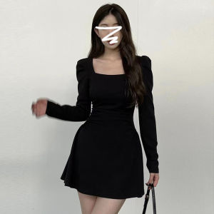 Y6Y | Winter New Arrival French Square Neck Black Long Sleeve Slim Fitted A-Line Mini Dress