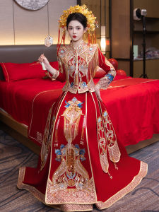 Elegant New Chinese Style Wedding Dress Show He Fu Womens Slimming Bride Gown Luxury Wedding Ceremony Drinking Costume
