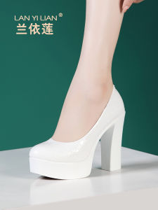 LANYILIAN | Croc-Pattern Patent Leather High Heels White