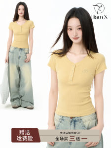 Yellow Henry Collar Short Sleeve T-Shirt Womens Slim Fit Summer New Style Commute Style Cotton Rayon Spandex Blend Top