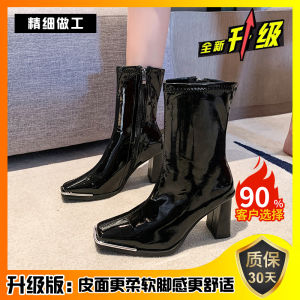 Black Patent Leather High Heels Short Boots Womens Spring Autumn New Style Chunky Heel Square Head Fashion Boots Elastic Slim