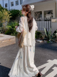 Country Style Embroidered Set Womens Top Half Skirt Two Piece Set Beige Sweet Gentle Autumn New Arrival Casual Wear