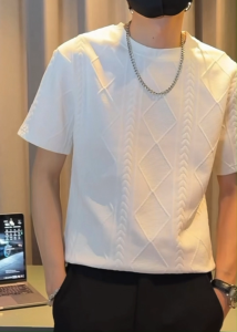 2026 áo phông tay ngắn Jacquard kim cương nam mới - Cổ tròn Slim Fit Heavyweight Tee Hàn Quốc Hip Hop Casual Top Premium Streetwear Mùa hè