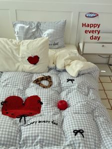 Soft Skin-Friendly Plaid Towel Set Three-Piece Bedding Set Heart Butterfly Knot Quilt Cover Four-Piece Bedding Set Korean Style