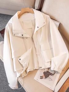 Spring 2025 Fashionable Short Hooded Jacket Womens Stylish Cute Outerwear Commute Loose Fit Long Sleeve Zipper Pure Color