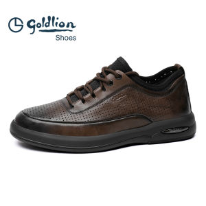 Goldlion Mens Casual Leather Shoes Soft Bottom Sports Footwear Trendy Business Flat Heel round Toe Rubber Outsole Shoes
