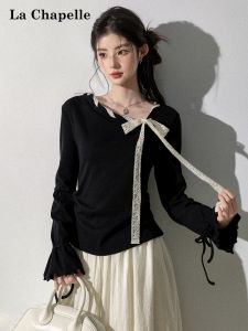 La Chapelle | Womens Lace Bow Tie Asymmetric Neck Slimming Long Sleeve Black T-shirt Spring Autumn