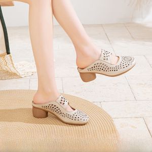 SHIPAILUO | Womens Hollow Out Leather Sandals Summer New Soft Bottom Thick Heel Casual Style Rubber Sole Comfortable Slip-On Shoes