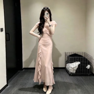 Ge·an·fei | Đầm Hè Nữ Màu Hồng Viền Ren Pháp
