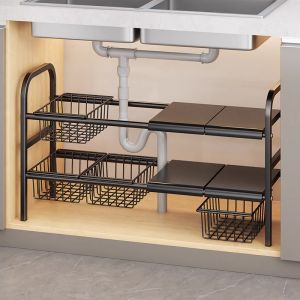 2024 New Kitchen Sink Storage Rack Adjustable Multi-layer Cabinet Shelf Rice Cooker Pot Holder Durable Household Organizer