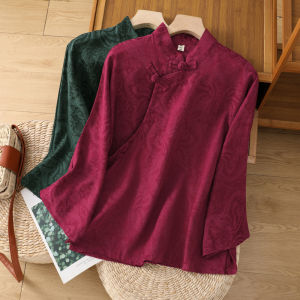 Chinese Style Loose Cotton Linen Long Sleeve Shirt Womens Spring Autumn New Vintage Button Stand Collar Embroidered Top