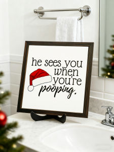 Funny Christmas Bathroom Sign with Red Santa Hat & Snowman Framed Plaque for Xmas Decor Desktop Ornaments Home Toilet Decor Gift