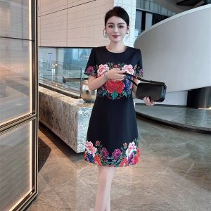 Elegant High Waist A-Line Dress Rose Print Slimming Summer Dress Womens Short Sleeve Midi Dress Elegant U-Neck Zipper Style