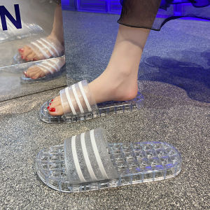 Transparent Striped Slippers Womens Summer Outdoor Wear New Fashion Home Indoor Bathing Anti-slip Crystal Flat Sandals