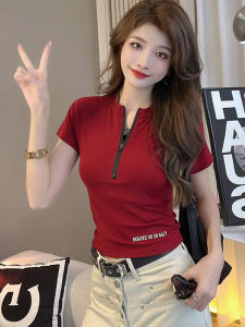 Slim Fit Short Sleeve T-Shirt Womens Summer New Fashion Zipper Short Top Base Shirt Waist Cinching Trendy Base Layer Shirt