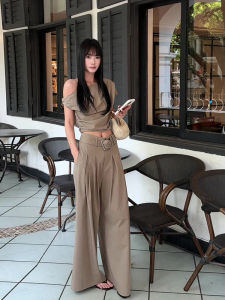 Spring Summer 2025 Fashion Versatile Irregular Design Womens Top And Wide Leg Pants Two Piece Set Short Sleeve round Neck