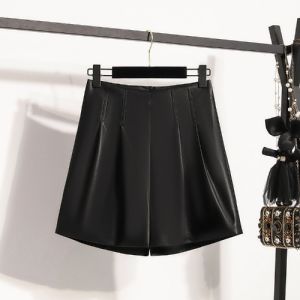 กางเกงขาสั้นทรงเอผ้า PU สีดำสุดหรูสำหรับผู้หญิง กางเกงขายาวลำลองสไตล์เกาหลีเอวสูง กางเกงขายาวทรงหลวมสำหรับใส่ทำงานในฤดูใบไม้ร่วง