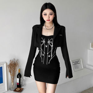 Kliou ชุดเดรสเกาะอกใส่แล้วดูผอมพิมพ์ลายมีสไตล์เฉพาะตัวสีดำสไตล์สาวฮิปสเตอร์เสื้อสูทคอปกใส่ด้านนอกสำหรับผู้หญิง