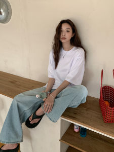 Sixi Summer Ice Oxygen Black White Minimalist Short Sleeve T-Shirt Women Loose/Fit Slimming Ice Oxygen Top Cotton Polyester Blend