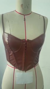 Womens Spaghetti Strap Sweetheart Corset Faux Leather Front Metal Hook Closure Cropped Pointed Hem