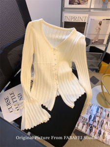 เสื้อคาร์ดิแกนถักคอวีแขนยาวผู้หญิงฤดูใบไม้ผลิปี 2025 เสื้อเชิ้ตผู้หญิงลายผีเสื้อแขนยาวปานกลางลายดอกไม้สีพื้น