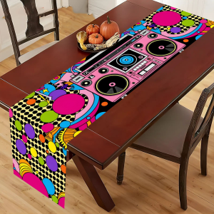 Retro Boombox Table Runner 80s 90s Hip Hop Kpop Neon Radio Table Cloth for Music Party Colorful Vintage Table Decor