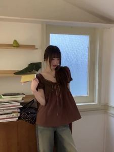 NIHAOKANONG | Áo Thun Mùa Hè Thời Trang Cổ Vuông Thêu Puff Tay Vintage