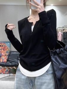 Fashionable Long Sleeve Womens Base Shirt Asymmetric Hem T-Shirt Korean Style Commute Wind V-neck Regular Sleeve Length