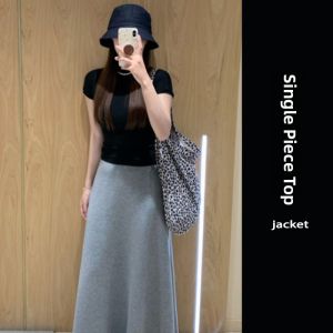 YUEZHONGWEI | Slim Fit Short Sleeve T-Shirt Womens Black Half High Collar Waist-Cinching Summer Unique Beautiful Short Top Korean Style