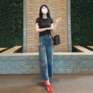 Quần Jeans Denim Xanh Rách Ống Rộng Thẳng Mùa Hè 2025 Quần Jeans Nữ Cỡ Lớn Thẳng Rộng Co Giãn Thường Ngày