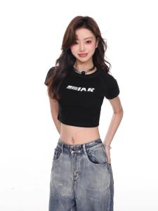 American Style Short Sleeve T-Shirt Women Summer Slim Fit Belly Baring Shoulder Insertion Casual Top Fashionable Trendy Short Shirt