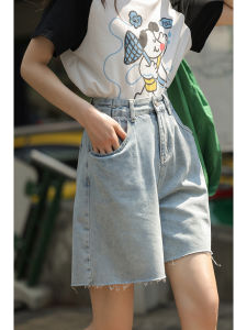 Blue Denim Loose Straight Leg Short Pants Womens Summer New Style Casual High Waist Five-Quarter Length Jeans by Mixd