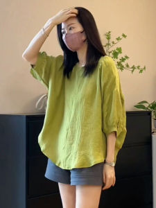 Áo Sơ Mi Nữ Tay Bảy Cổ Tròn Thắt Nơ Dáng Rộng Mùa Hè 2024 Áo Chui Đầu Màu Trơn Tay Ngắn Thường Ngày