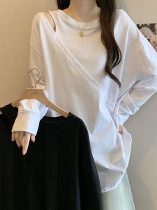 Plus Size Loose-Fit Hollow out Shoulder-Baring Long Sleeves T-Shirt Womens Spring and Autumn Plus Size Ladies Bottoming Shirt Casual Loose Mid Length Long Length Tops